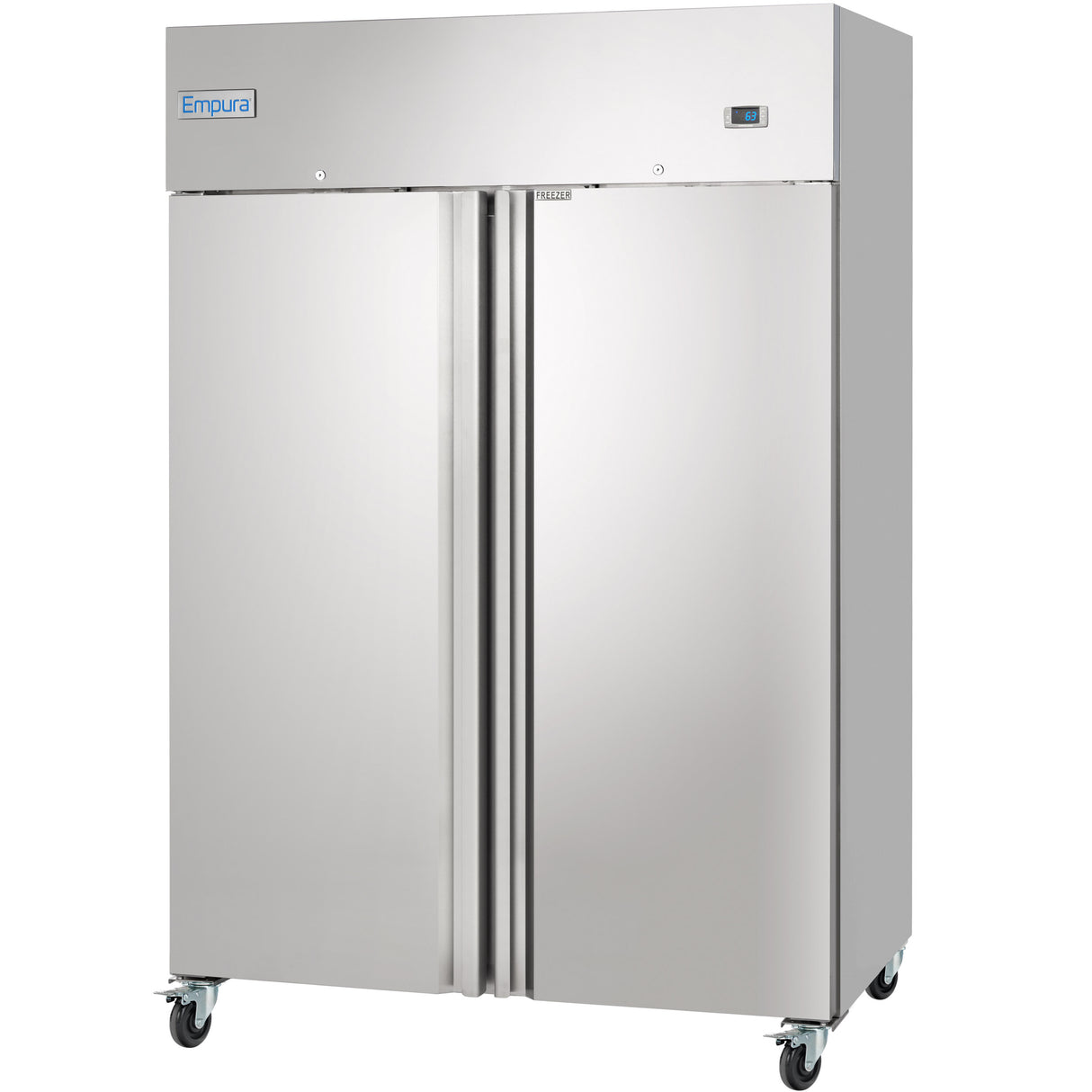 A large Empura Refrigeration commercial freezer with double doors, vertical handles, and four caster wheels. The brand name is visible on the top left, and a small digital control panel sits on the upper right front.