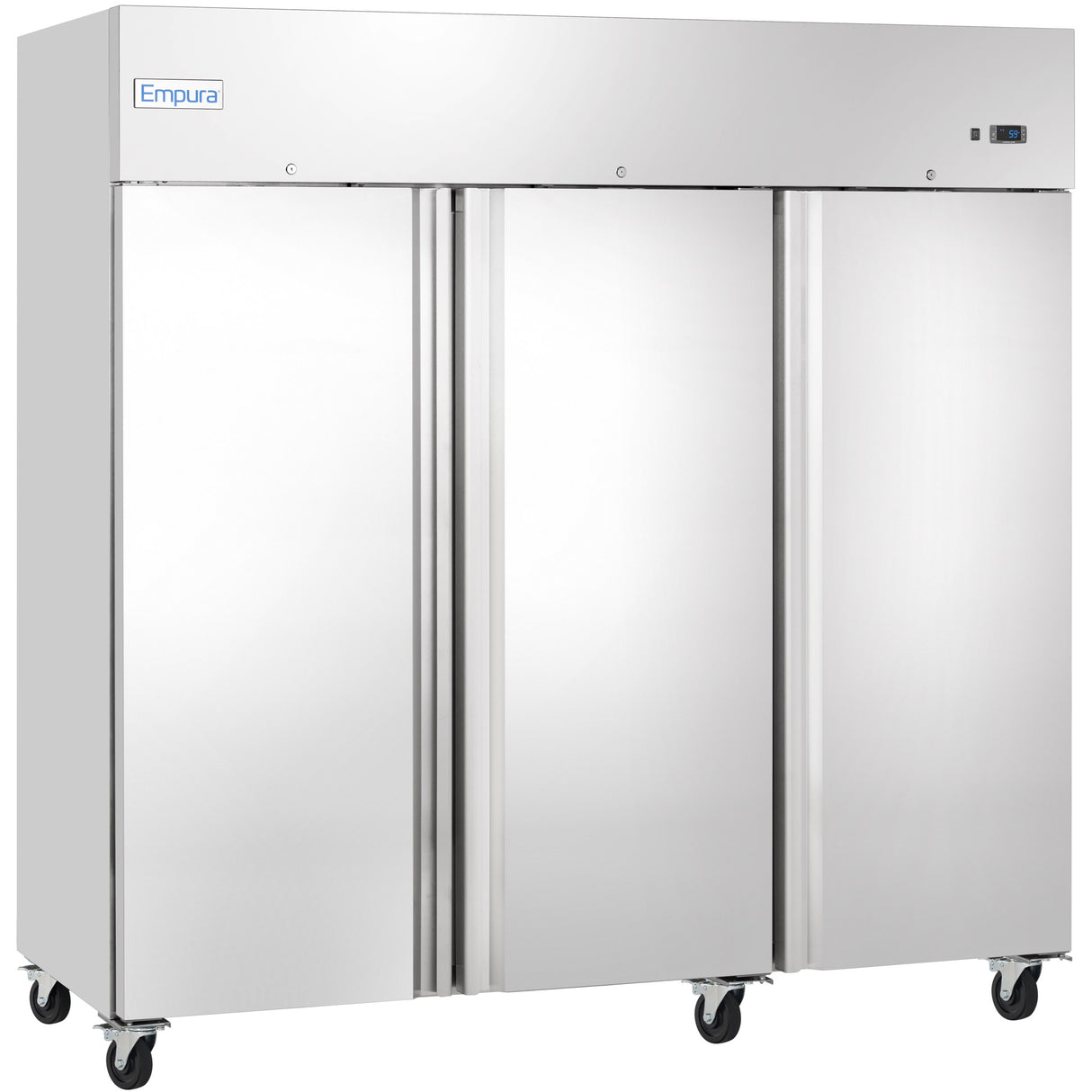 A large commercial Reach-In Freezer with a Stainless Steel exterior features 3 swing solid doors, each with a vertical handle. The Empura brand is labeled on the upper left, and a digital display sits on the upper right above the wheel casters.