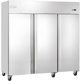 A large commercial Reach-In Freezer with a Stainless Steel exterior features 3 swing solid doors, each with a vertical handle. The Empura brand is labeled on the upper left, and a digital display sits on the upper right above the wheel casters.