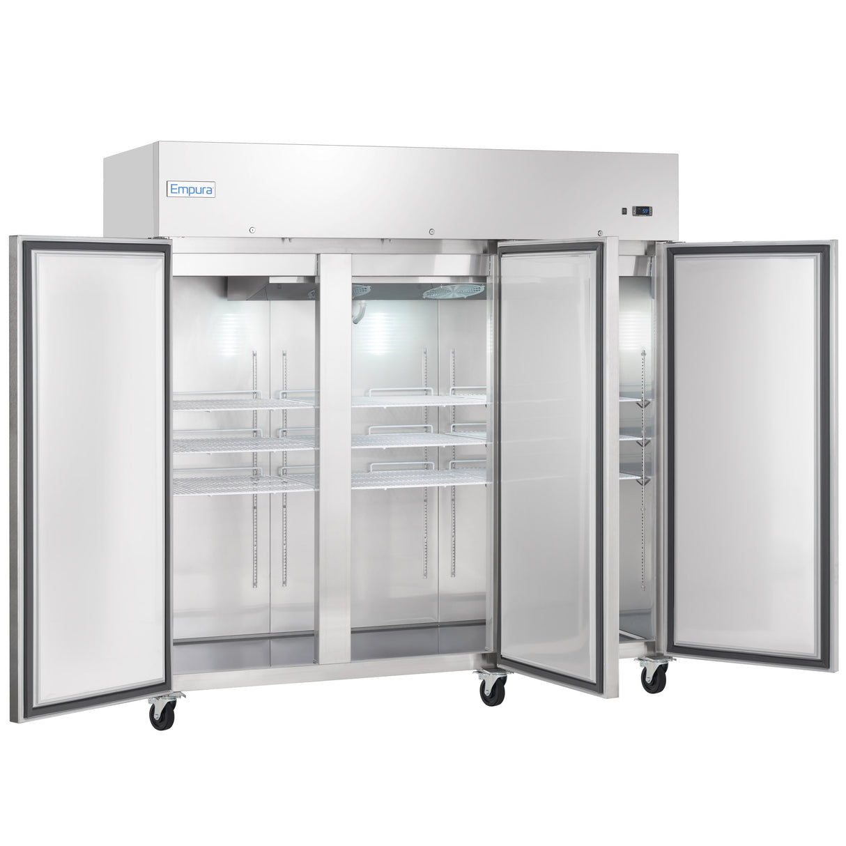 A large commercial Reach-In Freezer with a Stainless Steel exterior features four open doors revealing multiple empty wire shelves; the unit is on caster wheels and displays the Empura brand label at the top left.