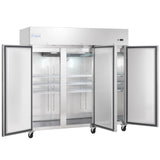 A large commercial Reach-In Freezer with a Stainless Steel exterior features four open doors revealing multiple empty wire shelves; the unit is on caster wheels and displays the Empura brand label at the top left.