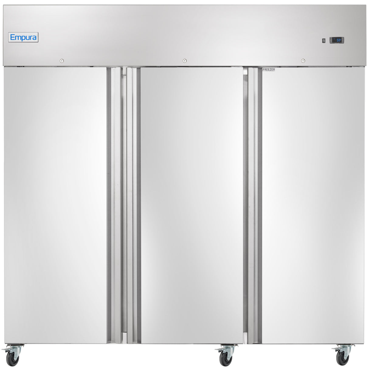 A large Empura Reach-In Freezer with 3 swing solid doors and a Stainless Steel exterior sits on four caster wheels. A small control panel and vent are on the upper right, complementing its sleek, industrial appearance.