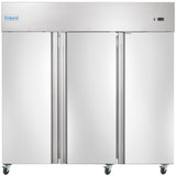 A large Empura Reach-In Freezer with 3 swing solid doors and a Stainless Steel exterior sits on four caster wheels. A small control panel and vent are on the upper right, complementing its sleek, industrial appearance.