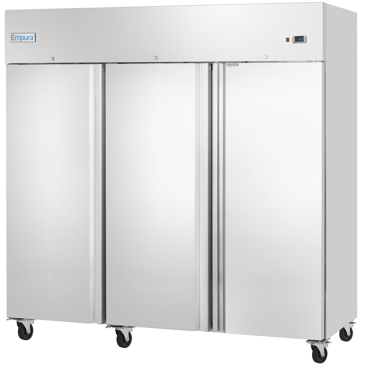 A large Empura Reach-In Freezer with a stainless steel exterior, 3 swing solid doors, reflective surface, caster wheels, and a small digital display on the upper right. Doors are vertically aligned for easy access.