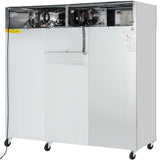 A large, industrial metal machine with a Stainless Steel exterior and exposed wires on top, mounted on four caster wheels. The Reach-In Freezer features a smooth silver front panel with a small access door and warning labels. A black power cord is visible on the left.