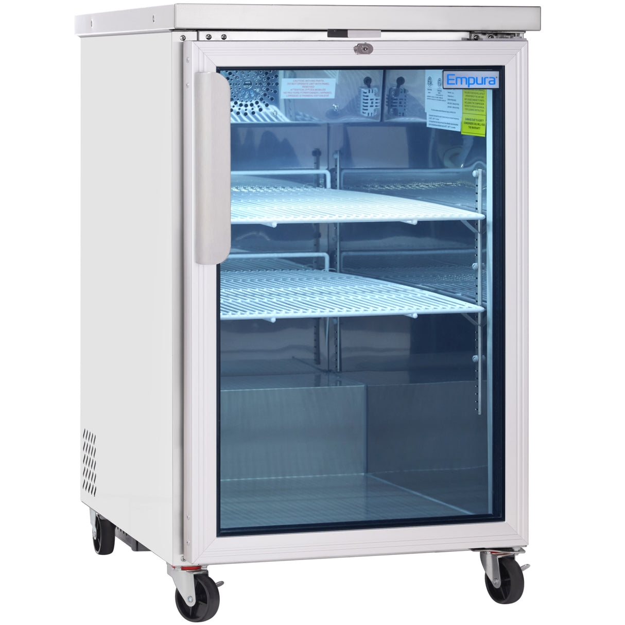 This Empura Refrigeration glass door cooler features a white exterior, silver handle, three wire shelves, and interior lighting. The single-door commercial unit stands empty on black casters, making it an ideal back bar cooler for any business.