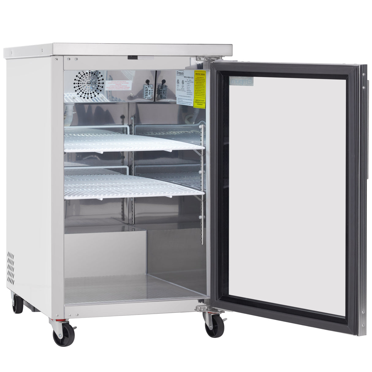 A white, compact Empura Refrigeration glass door cooler on wheels is shown with its door open. Inside are two adjustable wire shelves, a top fan, and a temperature control panel—ideal for secure, visible storage of medical supplies.