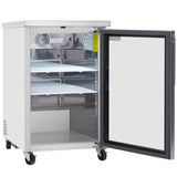 A white, compact Empura Refrigeration glass door cooler on wheels is shown with its door open. Inside are two adjustable wire shelves, a top fan, and a temperature control panel—ideal for secure, visible storage of medical supplies.