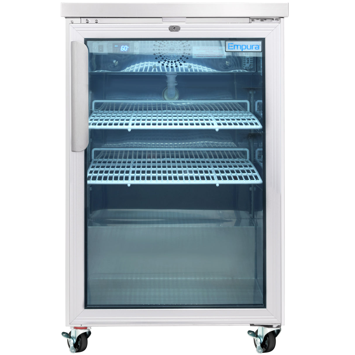 A commercial Empura Refrigeration glass-front refrigerator on wheels with a white frame, three empty wire shelves, stainless steel handle on the left, and digital temperature display. The Glass Door Cooler is branded Empura in the upper right corner.