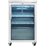 A commercial Empura Refrigeration glass-front refrigerator on wheels with a white frame, three empty wire shelves, stainless steel handle on the left, and digital temperature display. The Glass Door Cooler is branded Empura in the upper right corner.