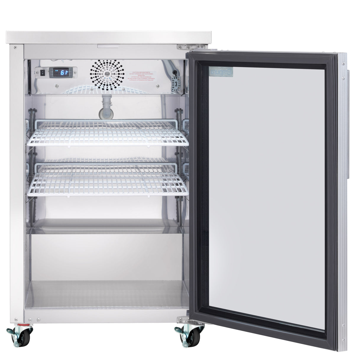 A stainless steel Empura Refrigeration Back Bar Cooler with a transparent glass door reveals two white wire shelves and a digital temperature display showing 6°C. The fridge is empty and mounted on four caster wheels for easy mobility.