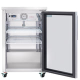 A stainless steel Empura Refrigeration Back Bar Cooler with a transparent glass door reveals two white wire shelves and a digital temperature display showing 6°C. The fridge is empty and mounted on four caster wheels for easy mobility.