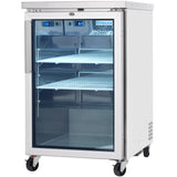 A white Empura Refrigeration glass door cooler on wheels, featuring three wire shelves inside. The partially open door reveals a lit interior and a digital temperature display, with the brand name Empura in blue on the exterior.