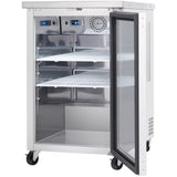 An Empura Refrigeration Back Bar Cooler with a glass door stands open, revealing two wire shelves inside. The digital temperature displays above the shelves read 13°C and 6°C. The unit is mounted on four caster wheels.