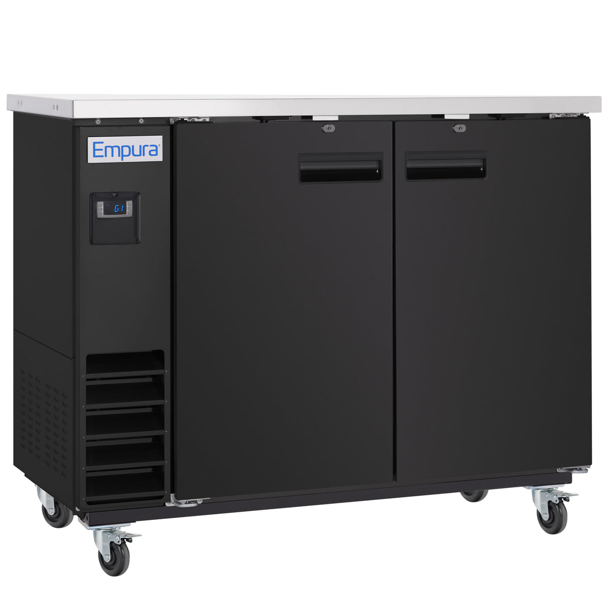 A black, commercial Empura Refrigeration back bar cooler on four wheels features a stainless steel top, black handles, digital control panel, vent slats, and the Empura logo on the upper left front.