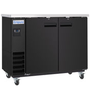 A black, commercial Empura Refrigeration back bar cooler on four wheels features a stainless steel top, black handles, digital control panel, vent slats, and the Empura logo on the upper left front.