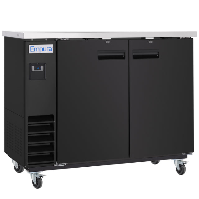 A black, commercial Empura Refrigeration back bar cooler on four wheels features a stainless steel top, black handles, digital control panel, vent slats, and the Empura logo on the upper left front.
