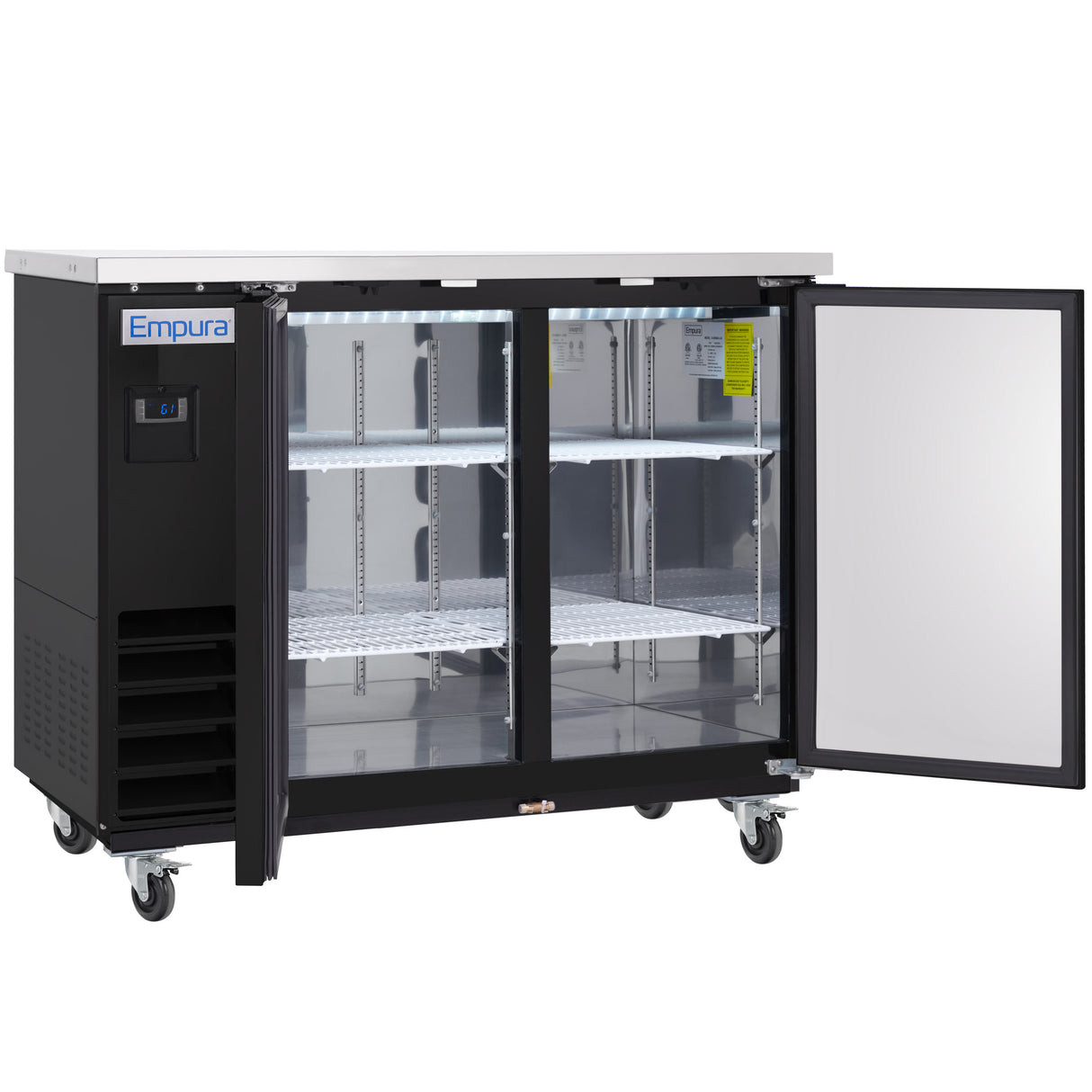 A commercial Empura Refrigeration back bar cooler with two glass doors, both open to reveal four wire shelves. The black unit features a stainless steel top, digital display, and sits on caster wheels for easy mobility.