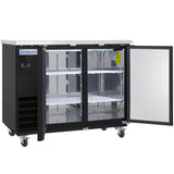 A commercial Empura Refrigeration back bar cooler with two glass doors, both open to reveal four wire shelves. The black unit features a stainless steel top, digital display, and sits on caster wheels for easy mobility.