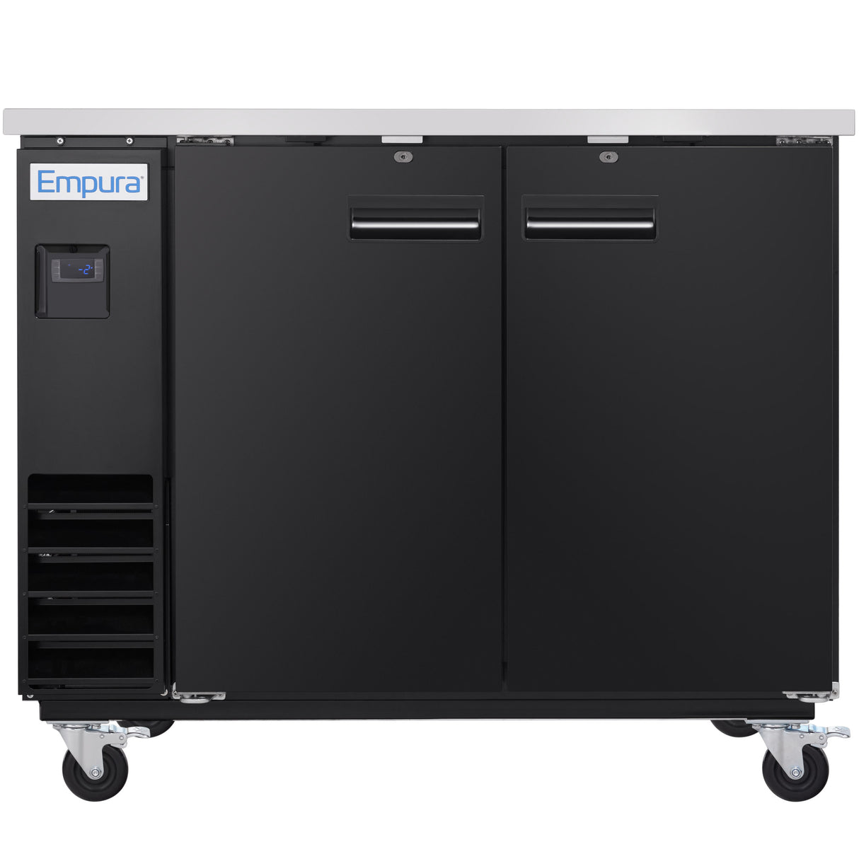 A black, double-door Empura Refrigeration Back Bar Cooler on four wheels with a stainless steel top, vent grates on the lower left, and an Empura logo on the upper left. Both doors feature horizontal handles and locks.