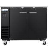 A black, double-door Empura Refrigeration Back Bar Cooler on four wheels with a stainless steel top, vent grates on the lower left, and an Empura logo on the upper left. Both doors feature horizontal handles and locks.