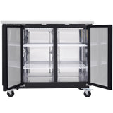 An Empura Refrigeration stainless steel Back Bar Cooler with two glass doors open reveals four white wire shelves. The unit features a black frame, sits on lockable caster wheels, and boasts a clean, spacious interior.
