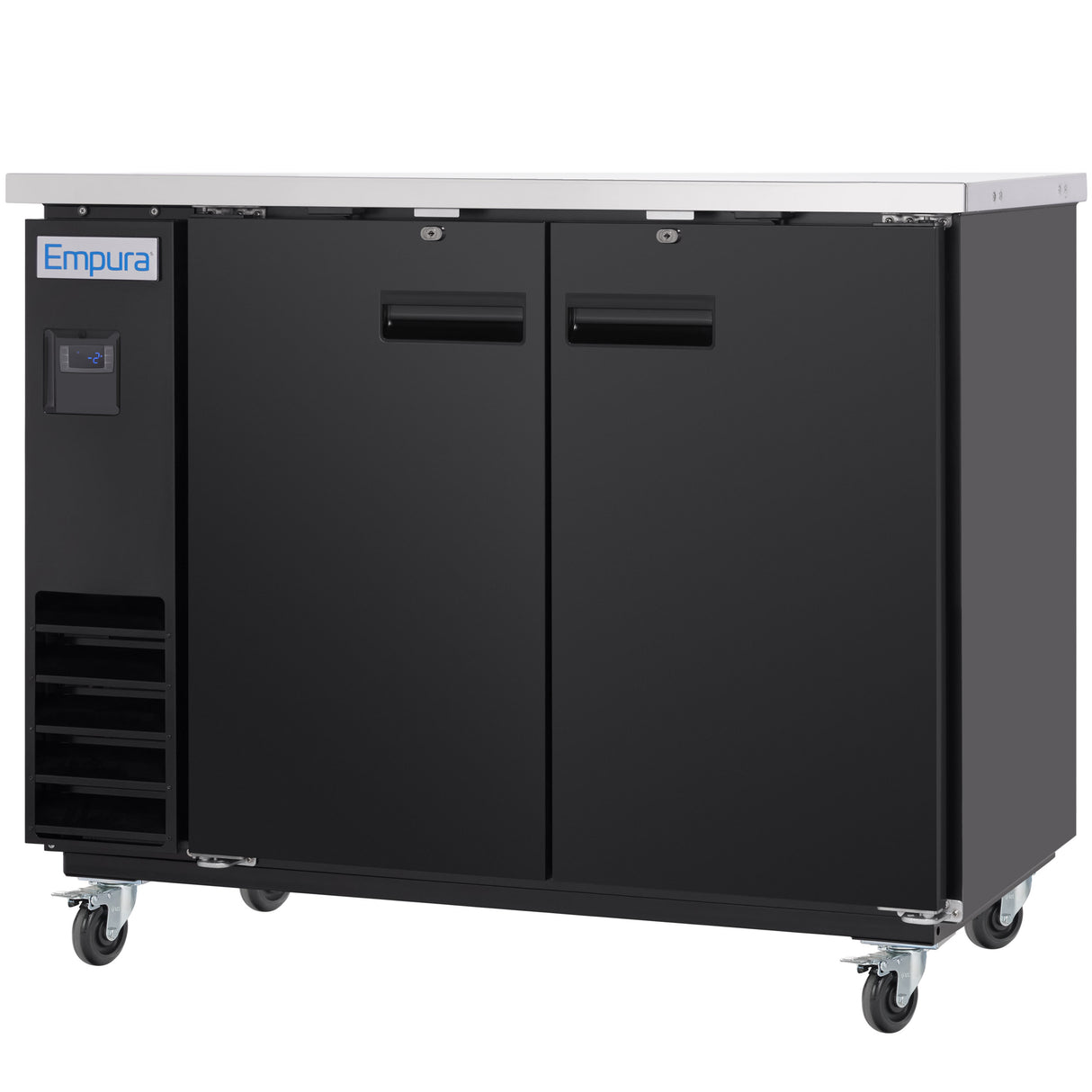 A commercial black Empura Refrigeration back bar cooler on wheels with two side-by-side doors and a stainless steel top; the left side features a digital display and the Empura logo.