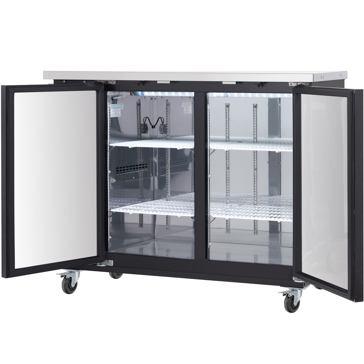 An Empura Refrigeration stainless steel undercounter back bar cooler with two glass doors open, revealing two wire shelves inside. The unit stands on four wheels, features a flat top, and has interior lighting highlighting the clean, empty space.