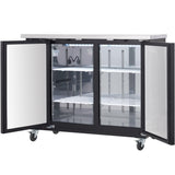An Empura Refrigeration stainless steel undercounter back bar cooler with two glass doors open, revealing two wire shelves inside. The unit stands on four wheels, features a flat top, and has interior lighting highlighting the clean, empty space.