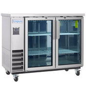 A commercial refrigerator on wheels with two glass doors, metal shelves, and a digital temperature display. The Empura brand is visible on the top left. This empty, well-lit glass door cooler is ideal for showcasing chilled products.