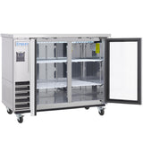 A commercial refrigerator on wheels, branded Empura, features two glass doors—one closed, one open—revealing two interior shelves. The digital control panel and ventilation grilles are visible on the left side of this glass door cooler.