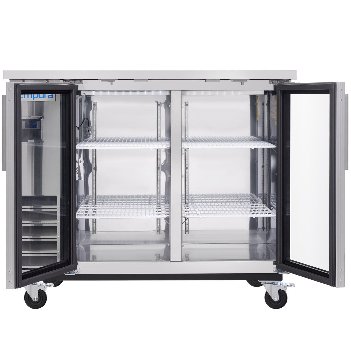 A commercial refrigerator with both doors open, revealing four adjustable wire shelves inside. The reflective interior and the "Impura" brand label make this unit ideal as a back bar cooler, while wheels allow easy mobility for any setting.