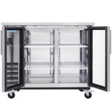 A commercial refrigerator with both doors open, revealing four adjustable wire shelves inside. The reflective interior and the "Impura" brand label make this unit ideal as a back bar cooler, while wheels allow easy mobility for any setting.