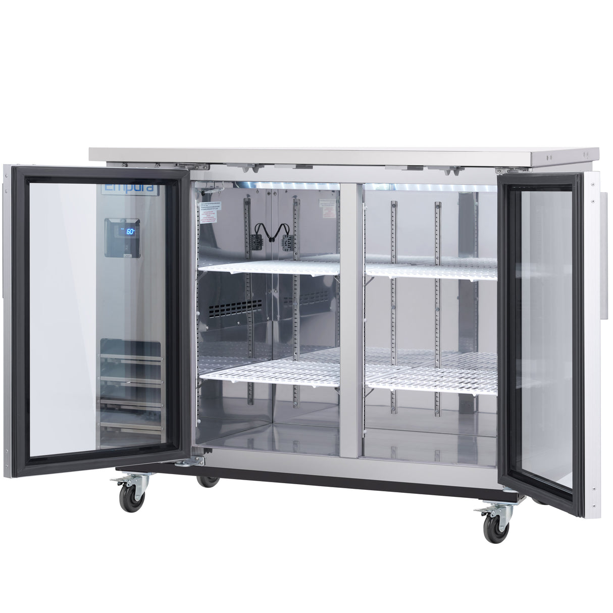 A commercial refrigerator on wheels with two transparent glass doors, both open, revealing multiple adjustable wire shelves inside. The interior is clean and empty, with visible temperature controls on the left side of this glass door cooler.