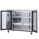 A commercial refrigerator on wheels with two transparent glass doors, both open, revealing multiple adjustable wire shelves inside. The interior is clean and empty, with visible temperature controls on the left side of this glass door cooler.