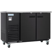 A black Empura Refrigeration back bar cooler with two doors, ventilation grilles, and a control panel. It features a stainless steel top and is mounted on four caster wheels for easy mobility.