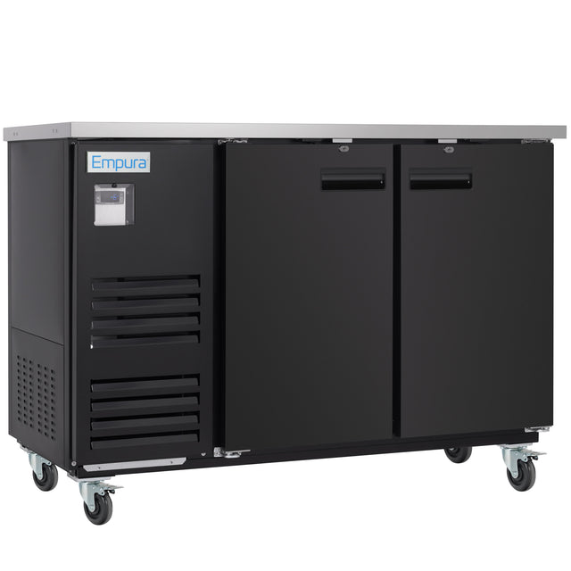 A black Empura Refrigeration back bar cooler with two doors, ventilation grilles, and a control panel. It features a stainless steel top and is mounted on four caster wheels for easy mobility.