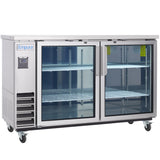 An Empura Refrigeration stainless steel Back Bar Cooler with two glass doors, wire shelves, and casters. The left door features the Empura logo and a digital display. Both doors have large vertical handles and the interior is empty.