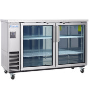 An Empura Refrigeration stainless steel Back Bar Cooler with two glass doors, wire shelves, and casters. The left door features the Empura logo and a digital display. Both doors have large vertical handles and the interior is empty.