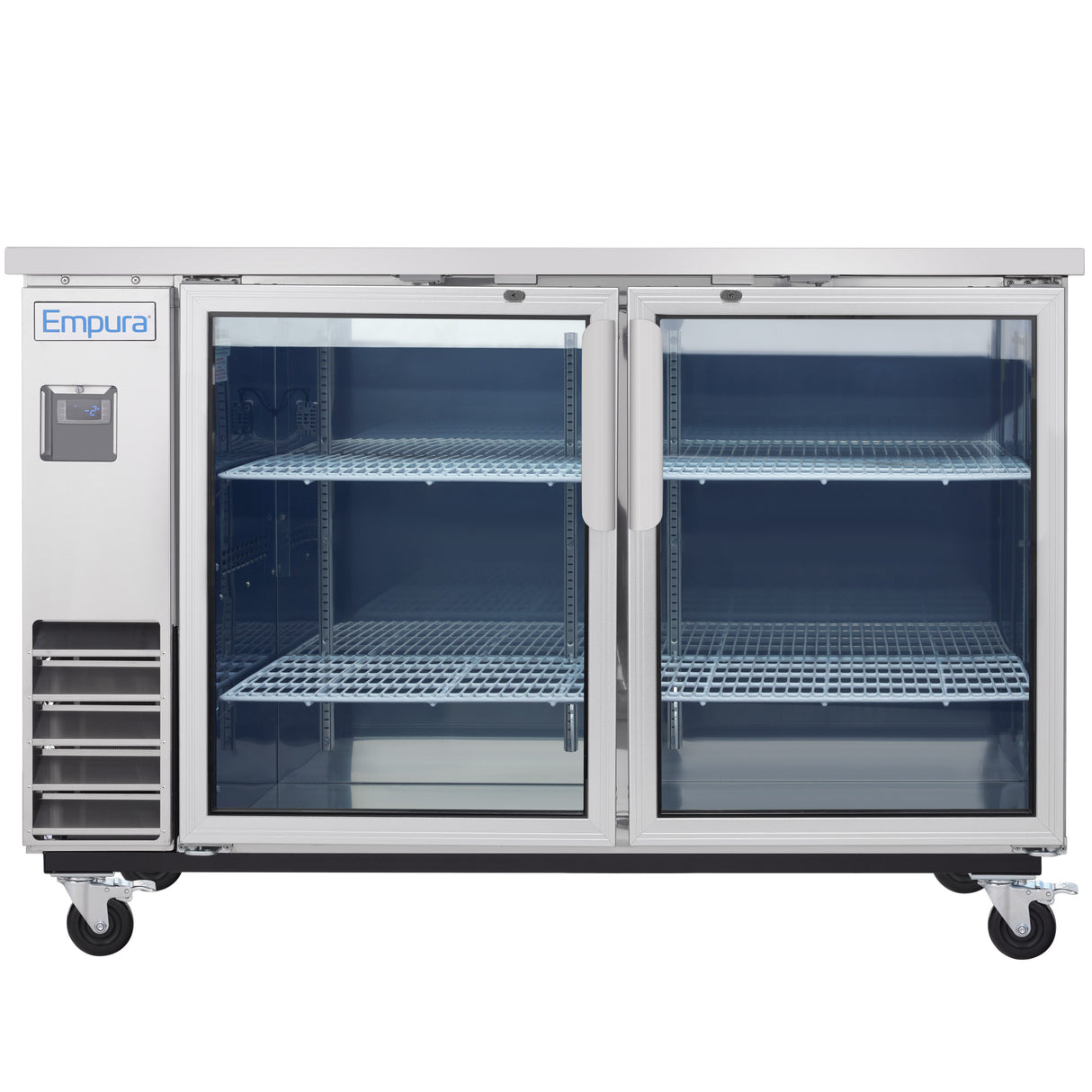 A commercial Empura Refrigeration glass door cooler on wheels with two doors, each revealing two interior wire shelves. The left side features a control panel labeled Empura. The unit is empty and stands against a plain white background.