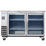 A commercial Empura Refrigeration glass door cooler on wheels with two doors, each revealing two interior wire shelves. The left side features a control panel labeled Empura. The unit is empty and stands against a plain white background.