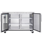 A commercial Empura Refrigeration stainless steel refrigerator with two open doors shows four wire shelves inside. On the left door, there is a digital control panel, and the unit is on four wheels. The interior is empty, clean, and well-lit.