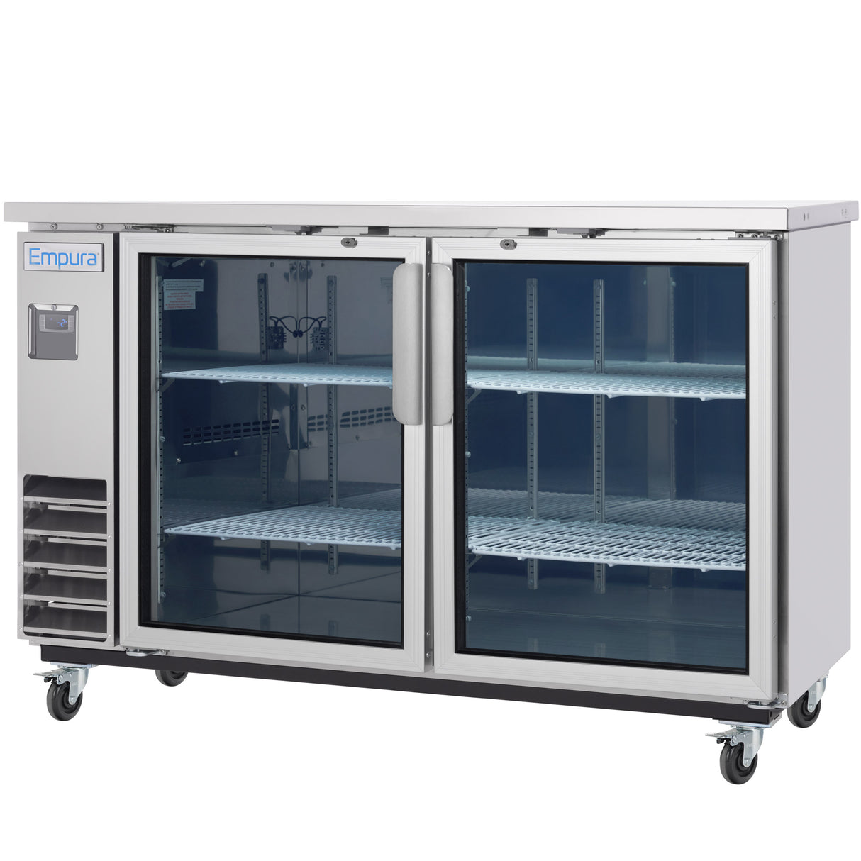 A stainless steel Empura Refrigeration back bar cooler on wheels with two clear glass doors, metal handles, and three adjustable wire shelves. The unit features left-side ventilation grilles, an Empura logo, and is empty inside.