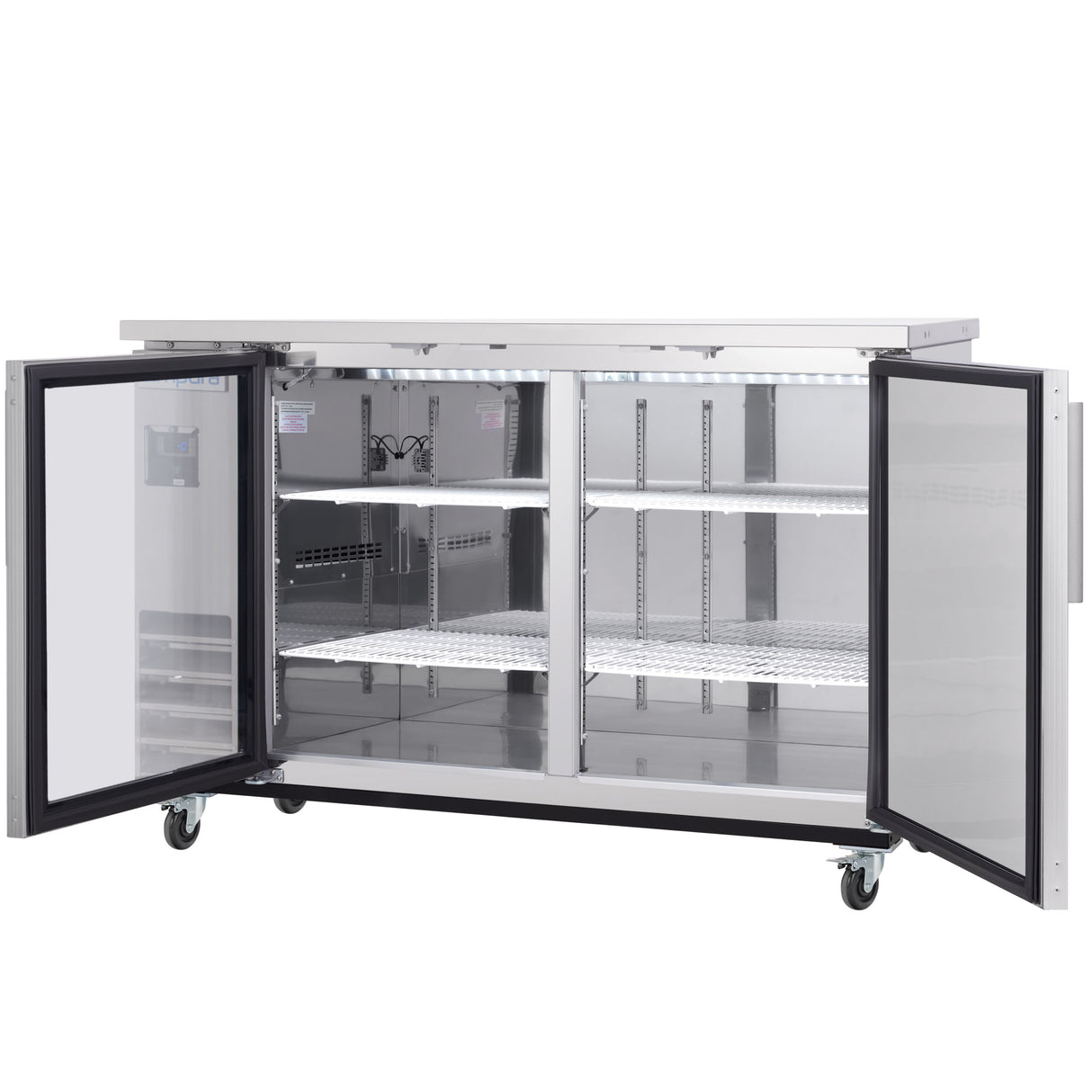 A commercial Empura Refrigeration glass door cooler with two doors open reveals multiple white wire shelves inside. The unit is on four wheels for mobility and features an interior light and digital temperature display on the upper left side.
