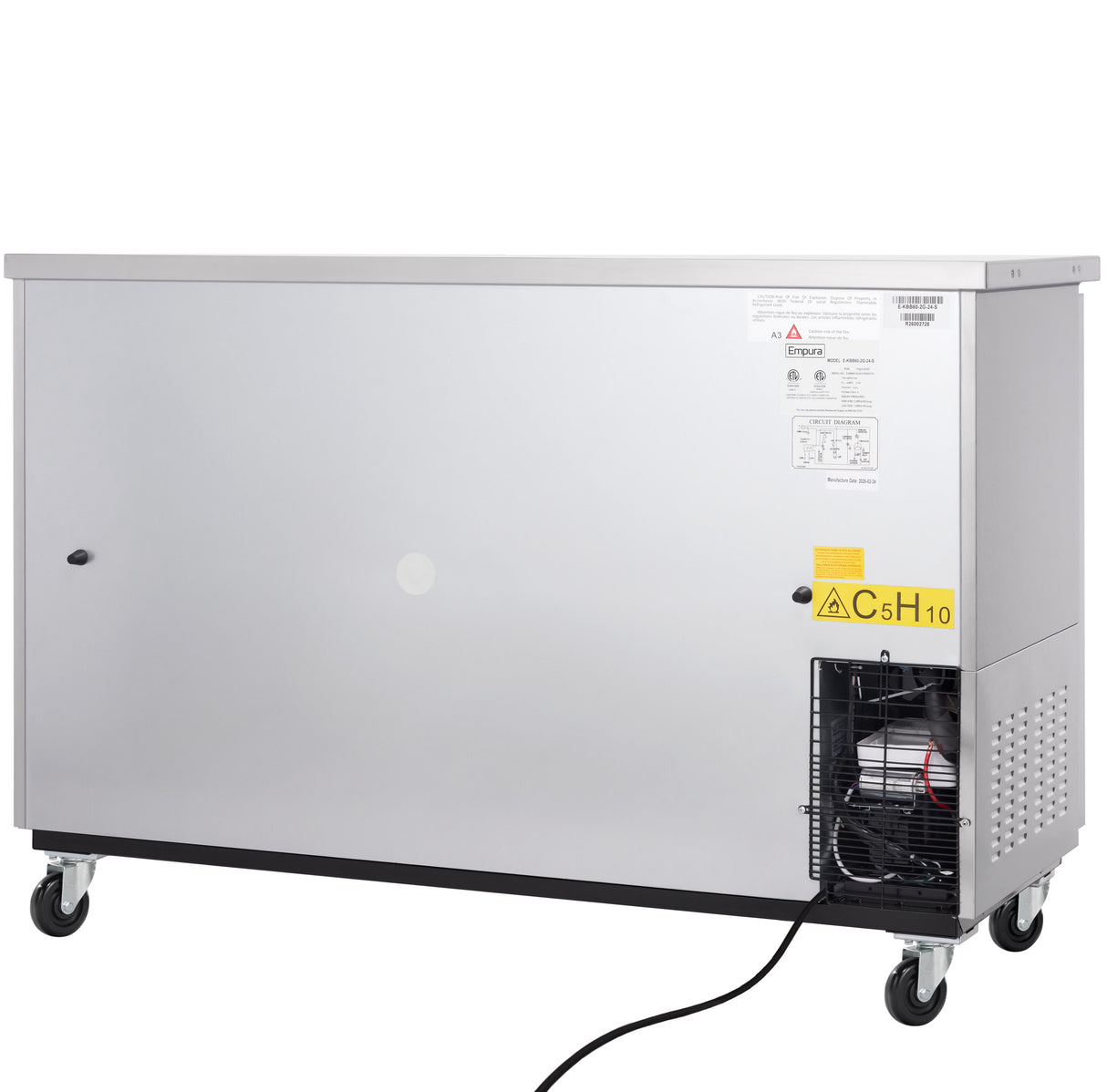 A large, rectangular Empura Refrigeration industrial freezer on wheels with a metallic exterior. The back panel features a warning label, ventilation grates, and exposed compressor components in the lower right. A black power cord extends from the unit.