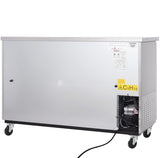 A large, rectangular Empura Refrigeration industrial freezer on wheels with a metallic exterior. The back panel features a warning label, ventilation grates, and exposed compressor components in the lower right. A black power cord extends from the unit.