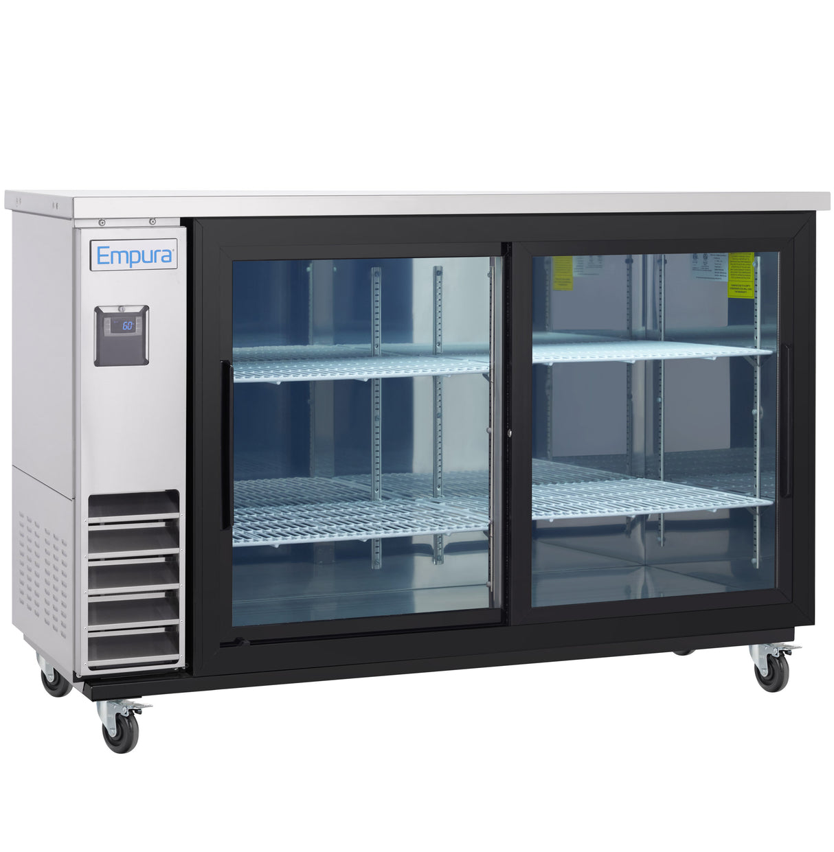 A commercial Empura Refrigeration Sliding Glass Door Cooler with two large glass sliding doors, three wire shelves, a stainless steel top, black trim, four caster wheels, and a digital display on the left front panel.