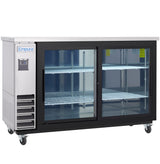 A commercial Empura Refrigeration Sliding Glass Door Cooler with two large glass sliding doors, three wire shelves, a stainless steel top, black trim, four caster wheels, and a digital display on the left front panel.