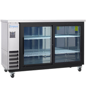 A commercial Empura Refrigeration Sliding Glass Door Cooler with two large glass sliding doors, three wire shelves, a stainless steel top, black trim, four caster wheels, and a digital display on the left front panel.