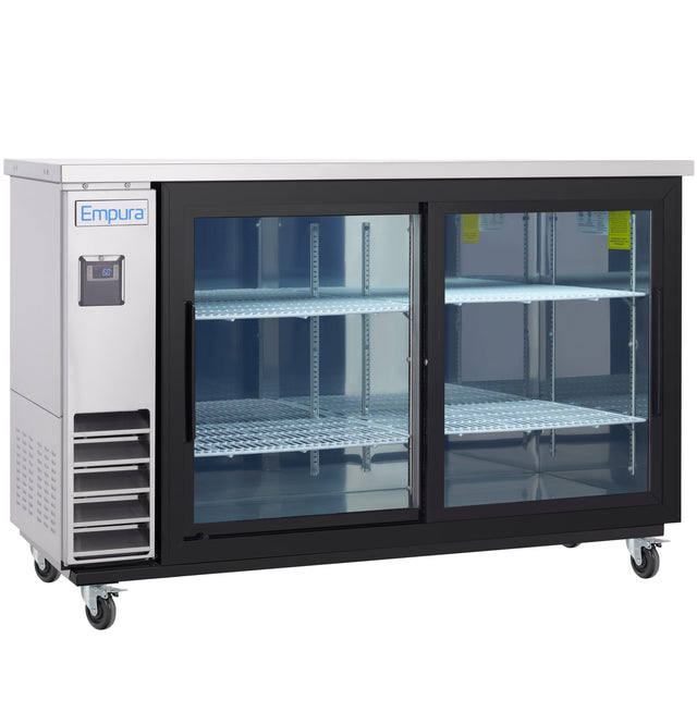 A commercial Empura Refrigeration Sliding Glass Door Cooler with two large glass sliding doors, three wire shelves, a stainless steel top, black trim, four caster wheels, and a digital display on the left front panel.